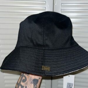 Dior Black Bucket Hat with Gold 'DIOR' Logo Plaque